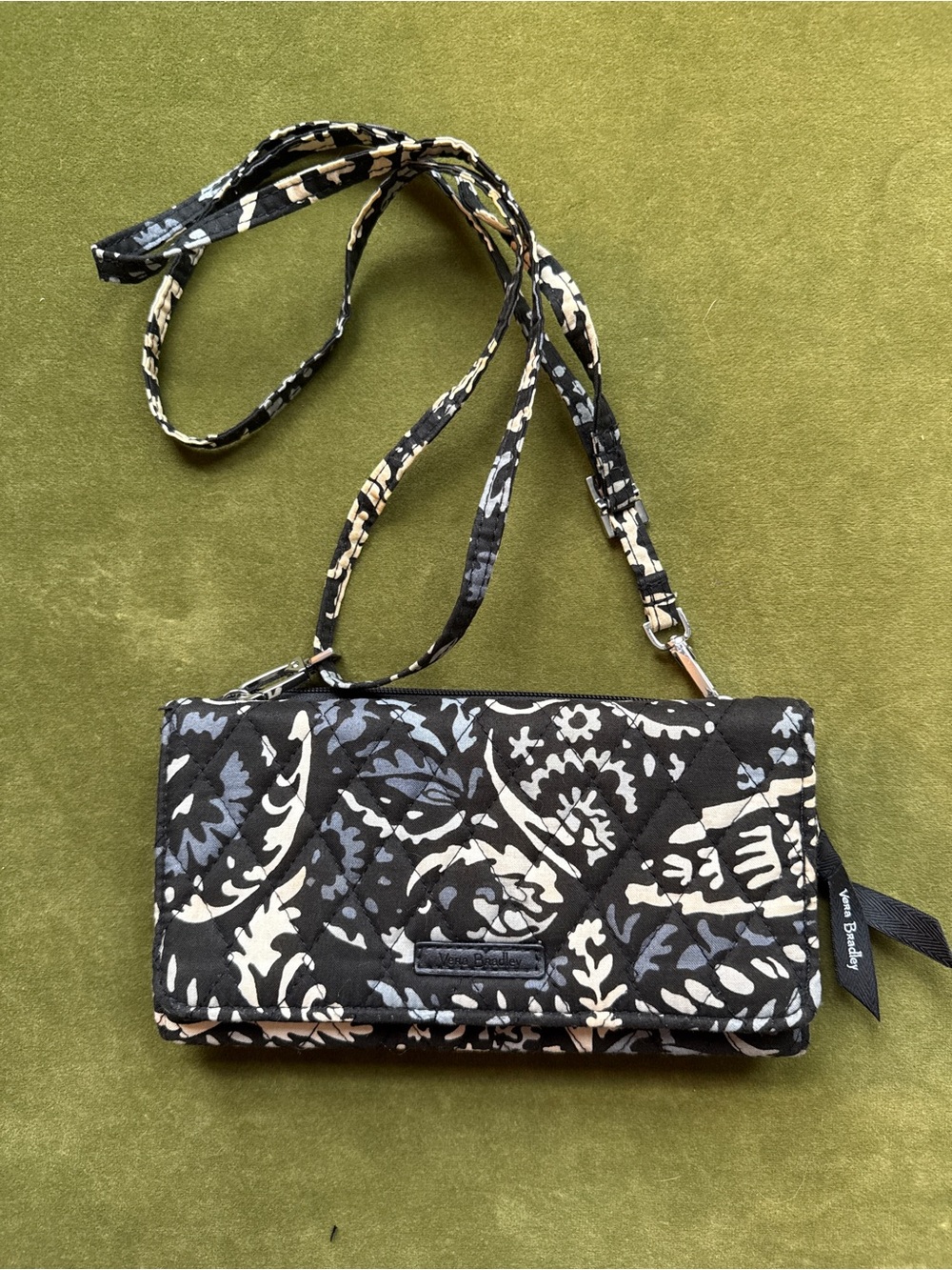 Vera Bradley Black Cream and Gray Floral Quilted Crossbody RFID Wallet